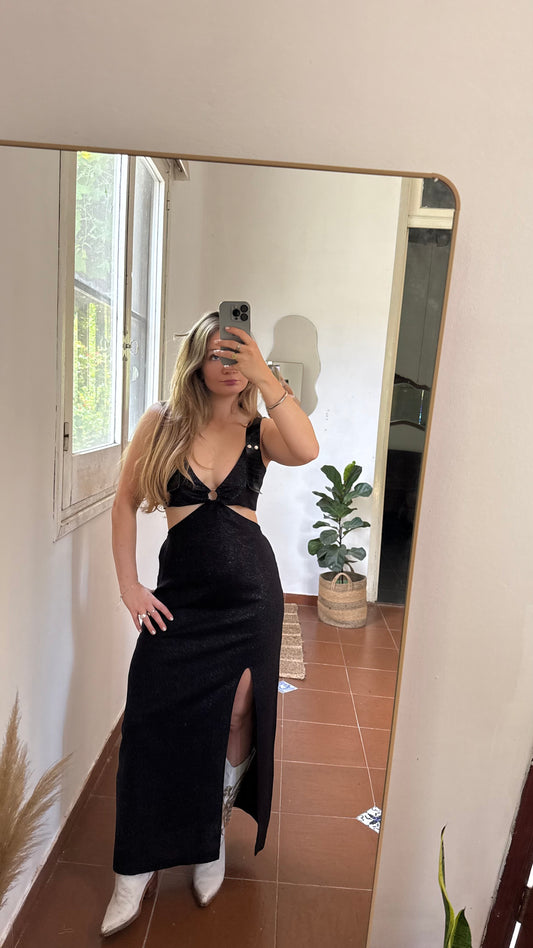 vestido iconic negro brilloso largo